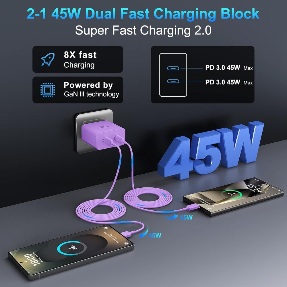 45W Samsung Super Fast Charger USB-C Dual Port Android Fast Charging Block with 10FT Long USB-C for an Everyday Personal Care Routine