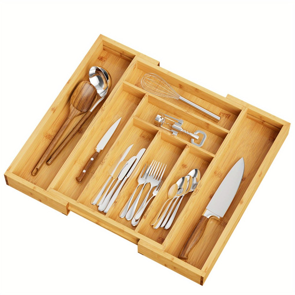 Expandable Bamboo Drawer Organizer with 6–8 Compartments, Sliding Sides and Natural Wood Finish