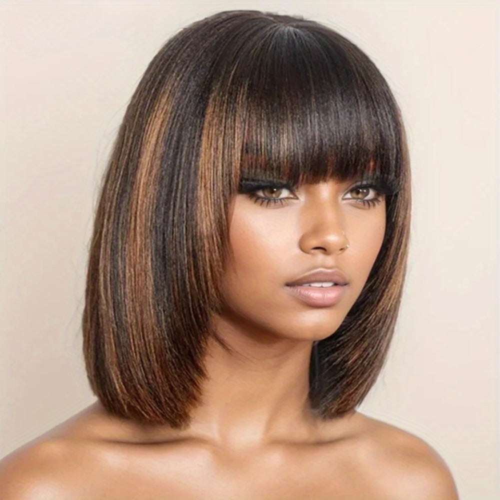 Straight Bob Wig with Bangs Human Hair 3x1 Lace Part Pre-Plucked Glueless Brazilian Short Bob 150 Density 1B/30 Highlight Natural Black
