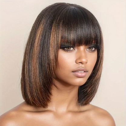 Straight Bob Wig with Bangs Human Hair 3x1 Lace Part Pre-Plucked Glueless Brazilian Short Bob 150 Density 1B/30 Highlight Natural Black