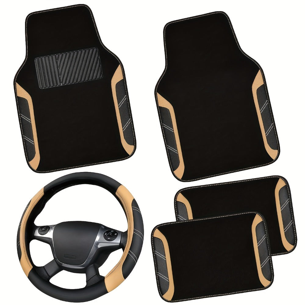 Steering Wheel Cover & Waterproof Car Floor Mats Combo Set – Microfiber Anti-Slip Universal Fit 14.5-15 Inch for 95% Sedan SUV Cars