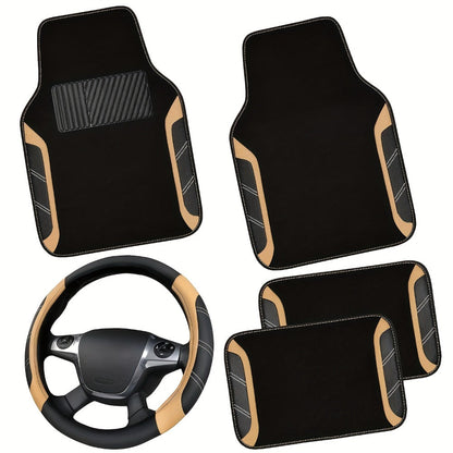 Steering Wheel Cover & Waterproof Car Floor Mats Combo Set – Microfiber Anti-Slip Universal Fit 14.5-15 Inch for 95% Sedan SUV Cars