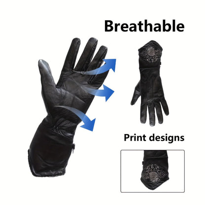 Black Full-Finger Motorcycle Gloves with Long Gauntlet Cuffs, Stitched Eagle Motif and Five Sizes