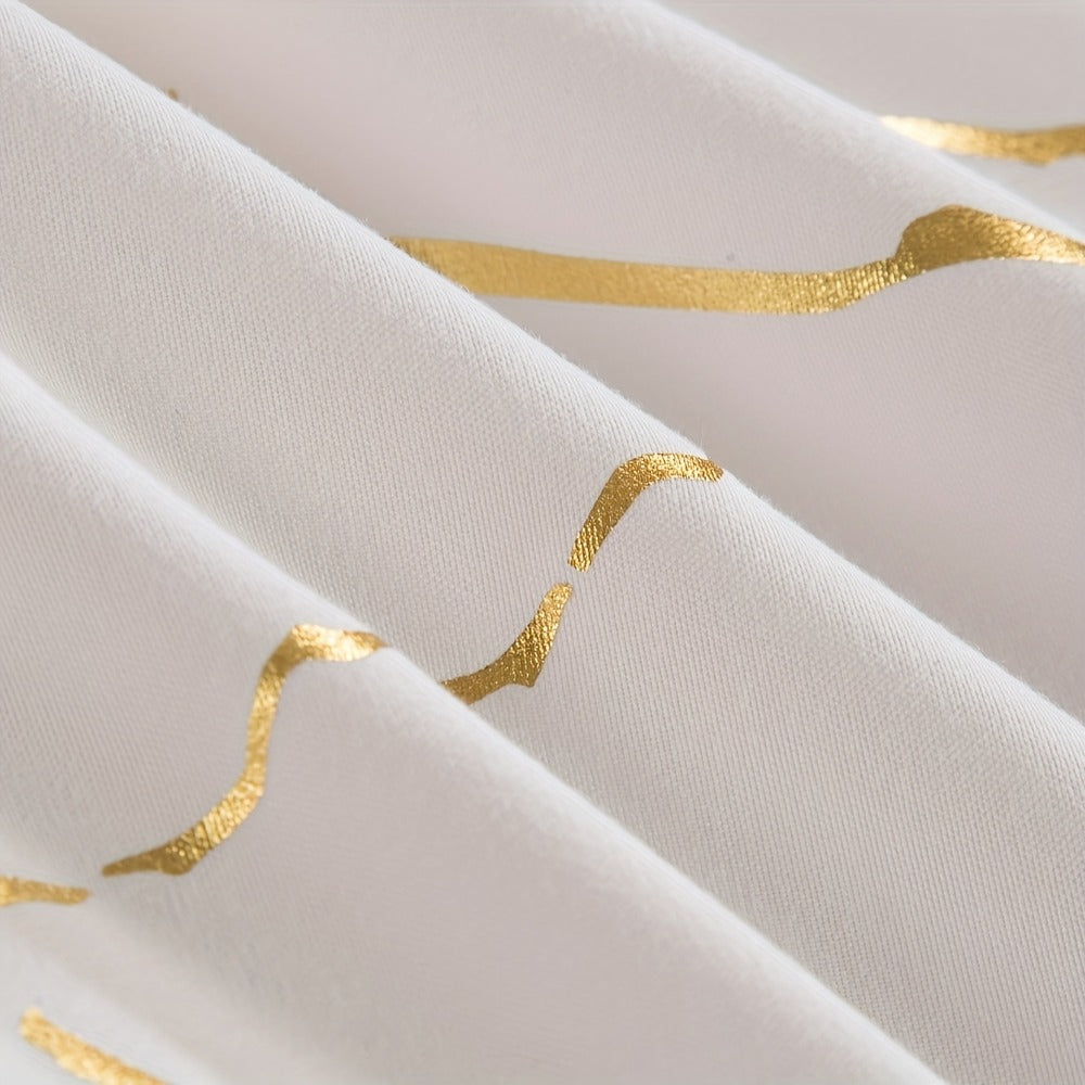 3-Piece Duvet Cover Set with Bronzed-Look Marble Vein Print in White, Khaki or Black and Four Sizes
