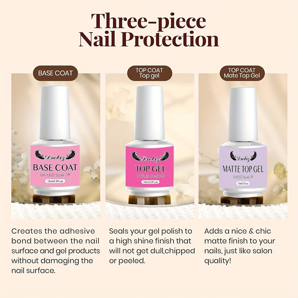 Gel Nail Polish 3-Piece Base and Top Coat Kit with No-Wipe Glossy, Matte and Base Gel for UV/LED Soak-Off Manicures