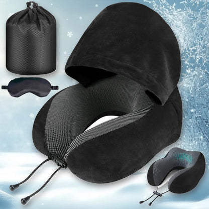 Hooded U-Shaped Travel Neck Pillow with Eye Mask, Carry Bag and Front Drawstrings in Pink, Blue, Black or Grey