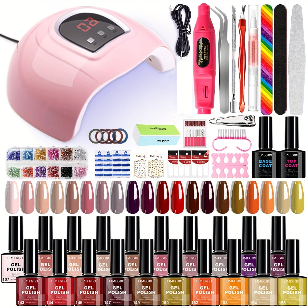 20-Color Gel Nail Polish Kit, Model ZH666-2 with UV LED Lamp, Red-to-Pink Shades, Base Coat and Top Coats