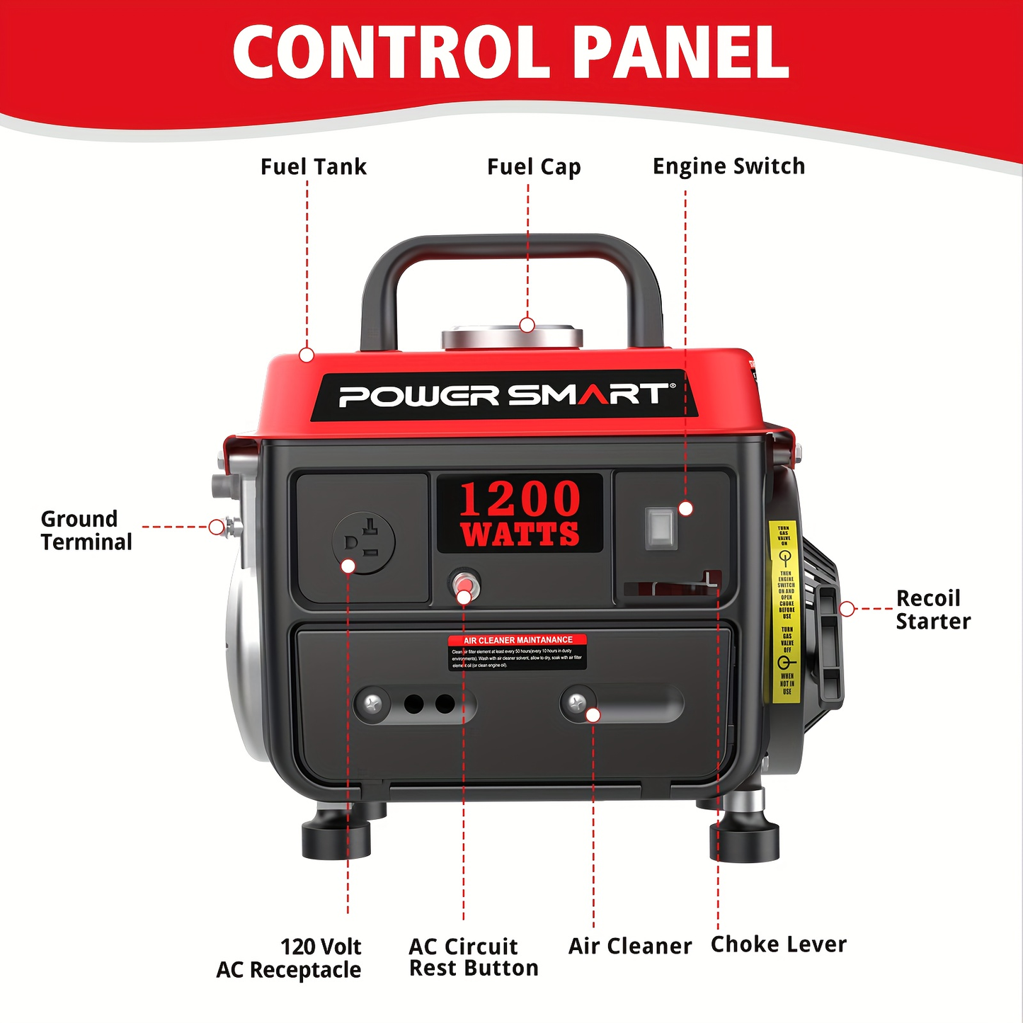 Portable Generator 1200W 2-Stroke Low Noise - Compact Gas Powered Generator for Camping, Job Sites