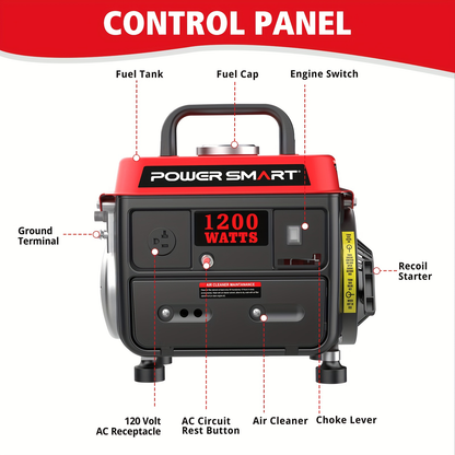 Portable Generator 1200W 2-Stroke Low Noise - Compact Gas Powered Generator for Camping, Job Sites