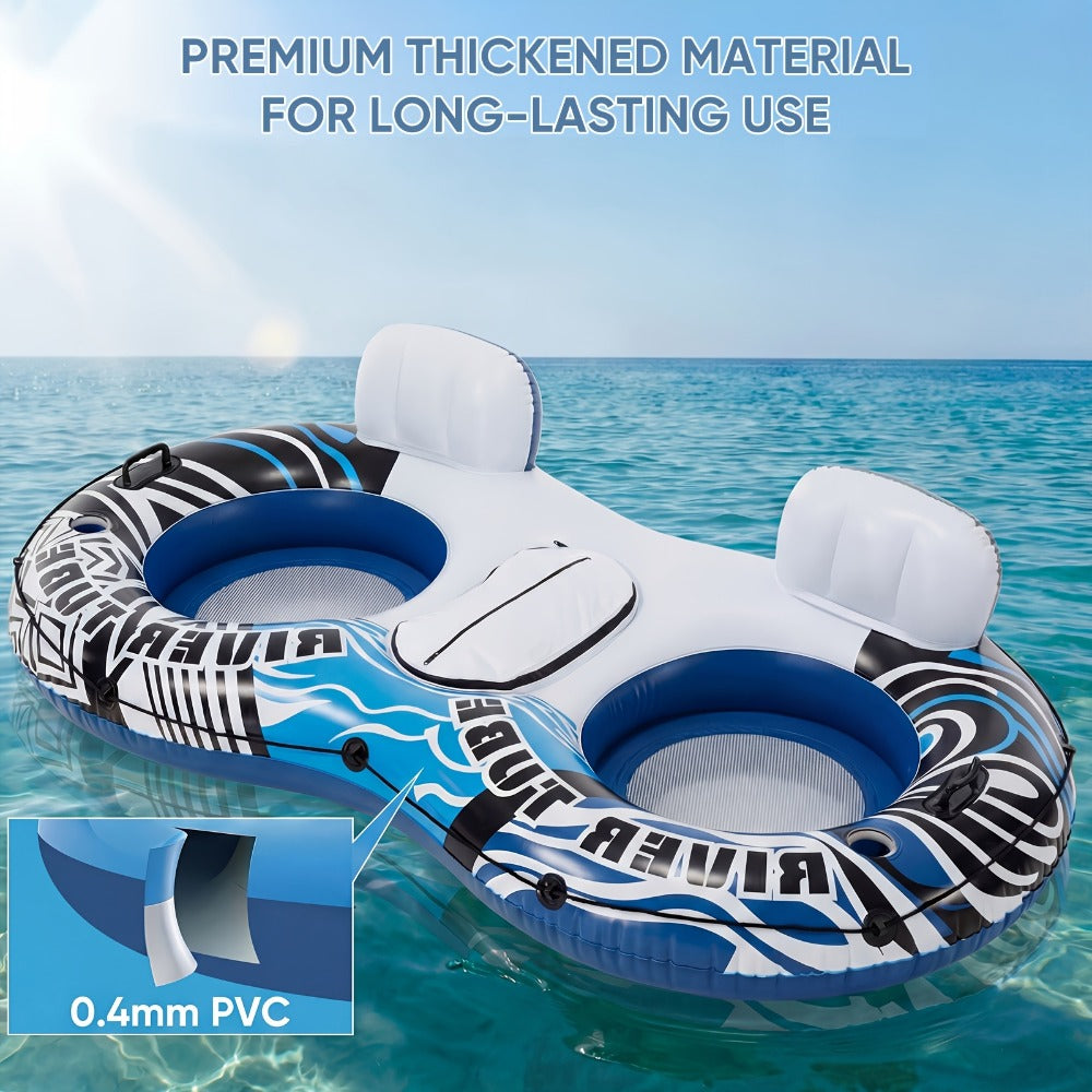 Pool Float Double Ring Raft for Two with Detachable Cooler, Two Cup Holders and Inflatable Backrests