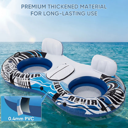 Pool Float Double Ring Raft for Two with Detachable Cooler, Two Cup Holders and Inflatable Backrests