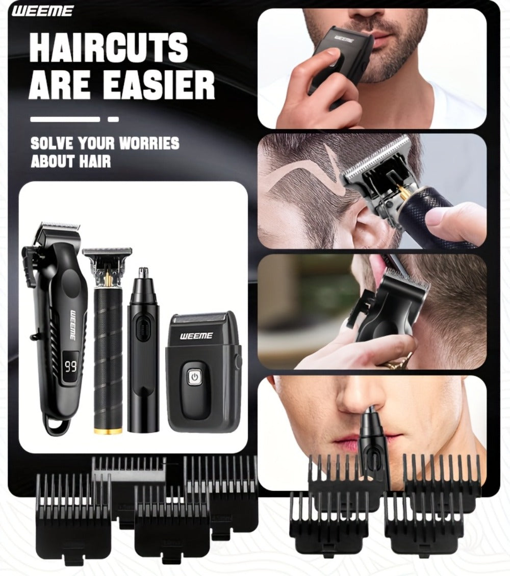 Zinc Alloy Men's Grooming Kit – USB Rechargeable Hair Clipper, Nose Trimmer, Electric Shaver & Detail Trimmer Set, 3500mAh Battery