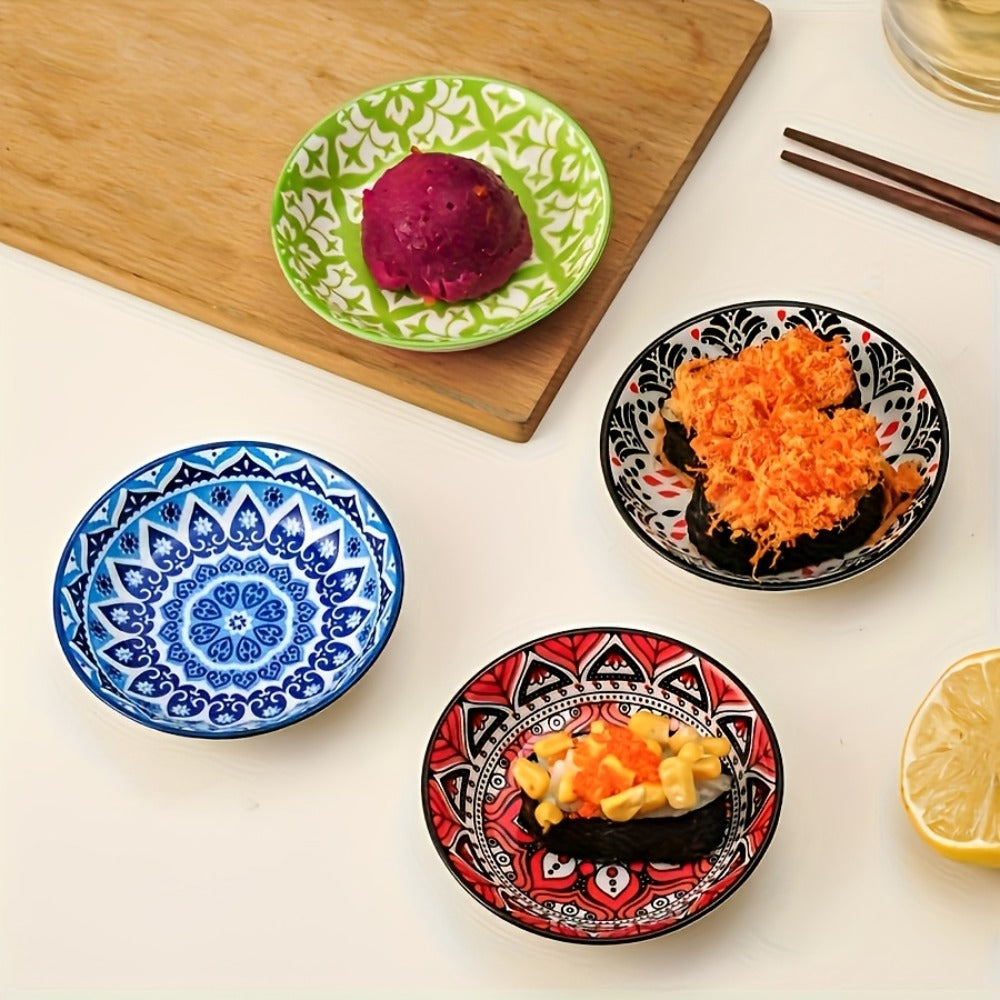 Ceramic Condiment Dish Set of 10, Bohemian Small Saucer Dipping Bowls for Soy Sauce, Vinegar & Spices