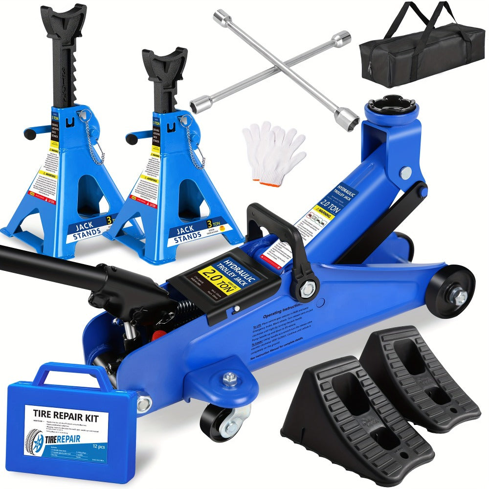 Hydraulic Floor Jack Kit 2/2.5/3 Ton Low Profile Trolley Jack with Jack Stands, Tire Repair Kit, Wheel Wrench & Wheel Chock Combo – Red/Blue