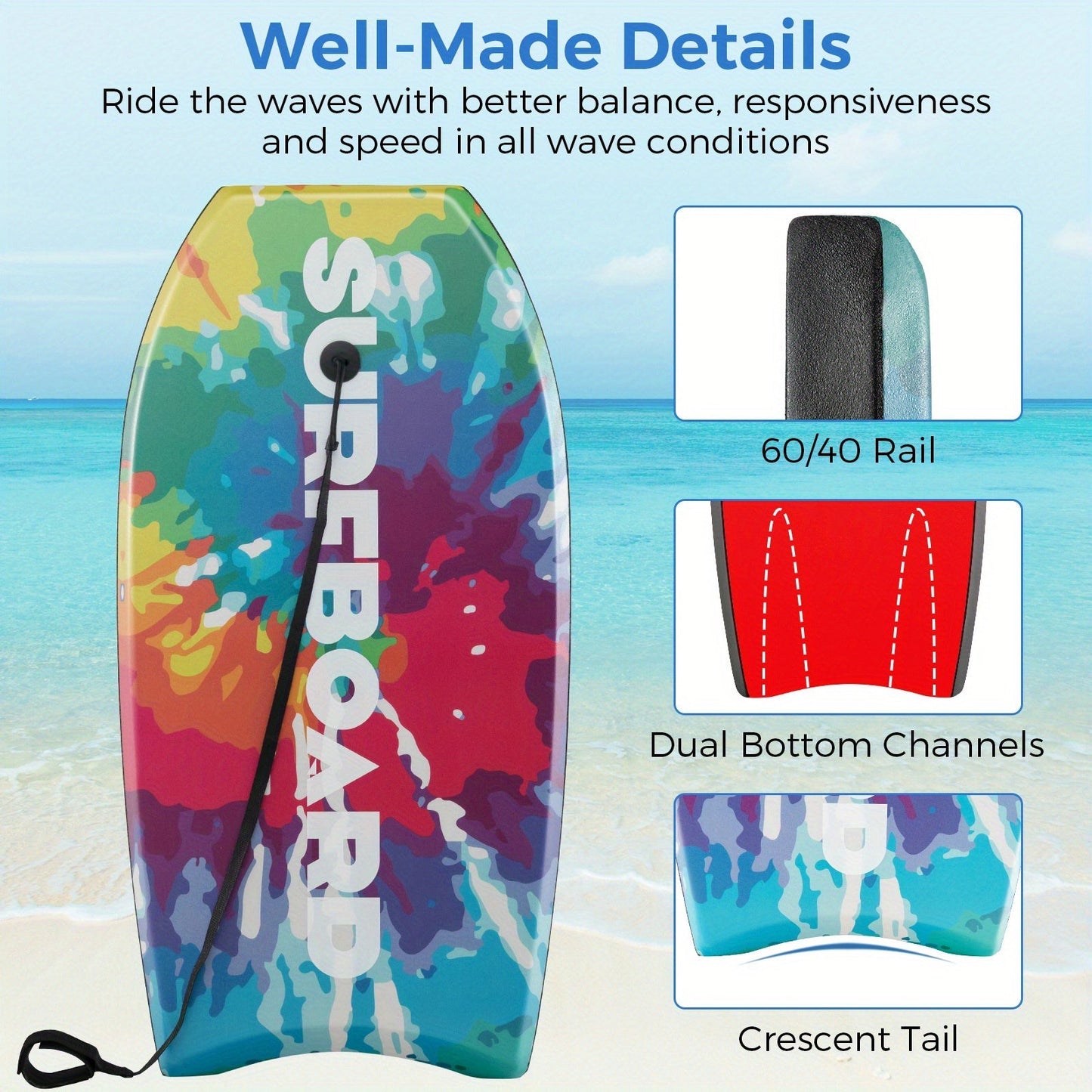 Multicolor 41-Inch Bodyboard with XPE Deck, EPS Core, HDPE Bottom, Crescent Tail and Wrist Leash