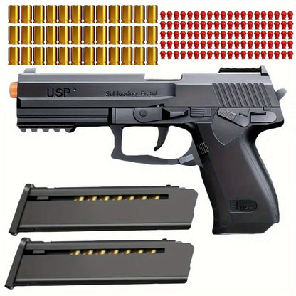 USP Clip Toy Gun Pistol with Continuous Shooting, 100 Bullets & 2 Magazines Rapid Fire Foam Blaster for Kids Boys Girls Ages 6+