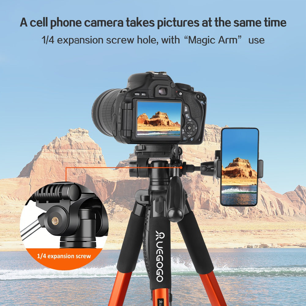 74-Inch Camera Tripod in Red and Black with Pan-and-Tilt Head, Phone Holder, Quick-Release Plate and Carry Bag