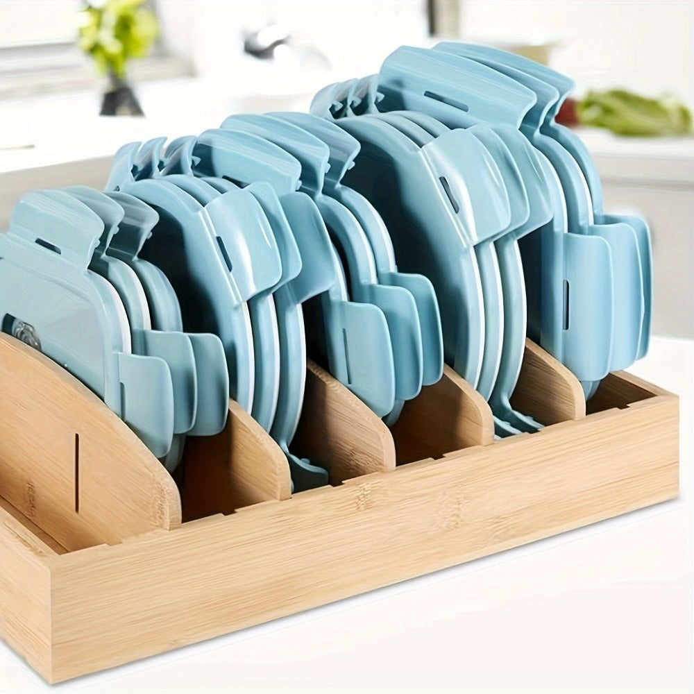 Bamboo Lid Organizer for Kitchen Cabinet with 5 Adjustable Dividers – Tupperware Lid Holder for Food Container Lids