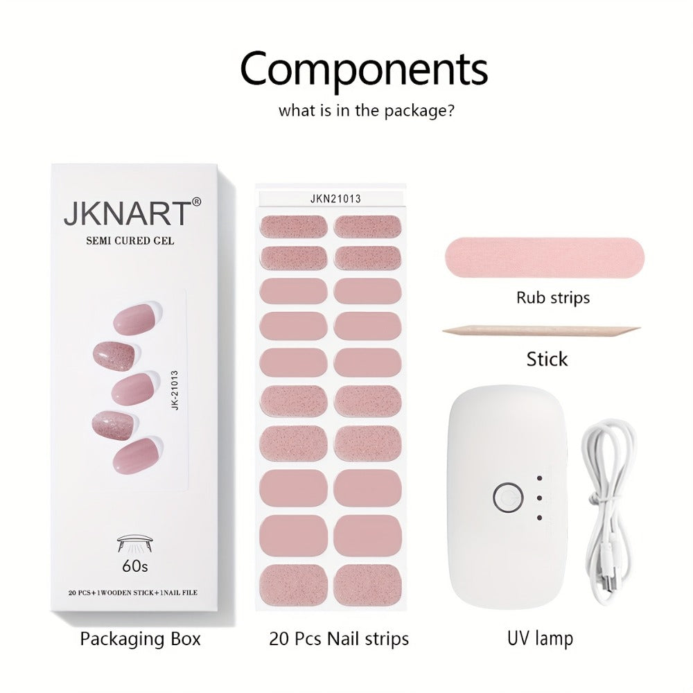 Gel Nail Art Kit Semi-Cured Nail Stickers 20 Designs with Portable UV Lamp Full Coverage Soft Gel Nail Patches Nude Nail Wraps for Women