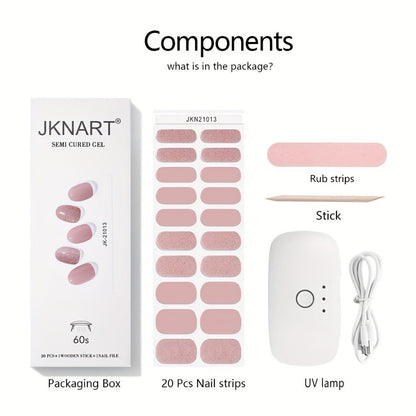 Gel Nail Art Kit Semi-Cured Nail Stickers 20 Designs with Portable UV Lamp Full Coverage Soft Gel Nail Patches Nude Nail Wraps for Women