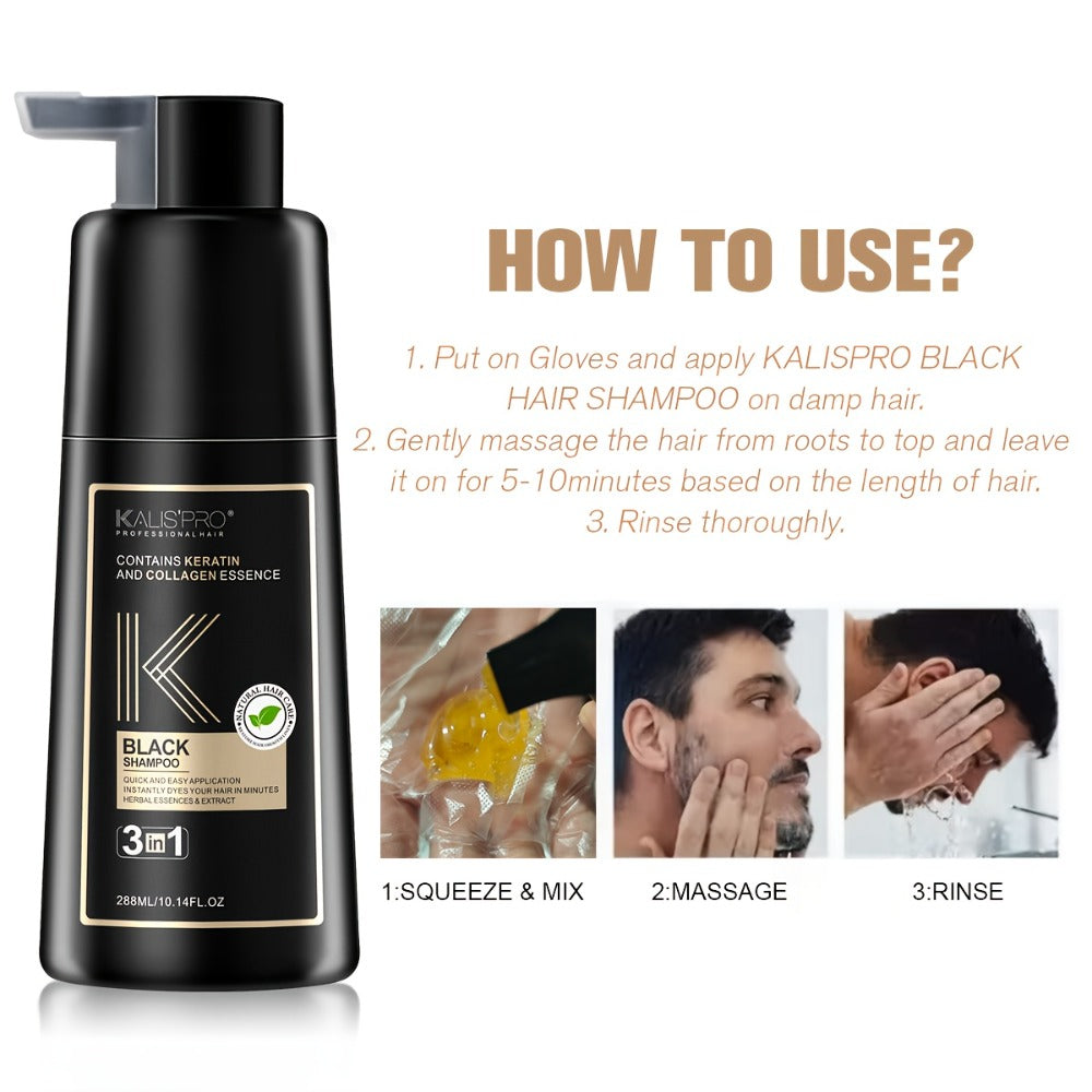 Men's 3-in-1 Black Hair & Beard Dye Shampoo, 8-Minute Gray Coverage, Ammonia-Free Natural Color
