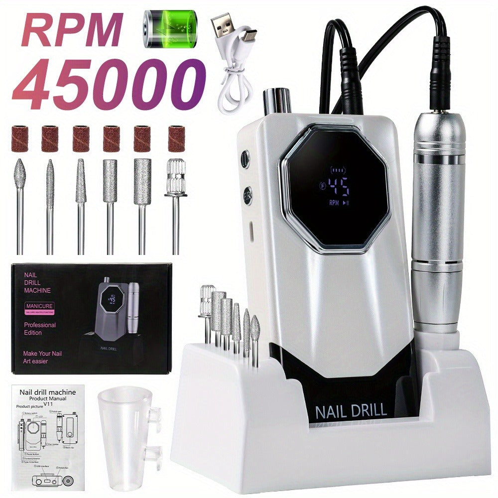 Electric Nail Drill 45000 RPM USB Rechargeable Kit with LCD, Forward Reverse and Three Finishes