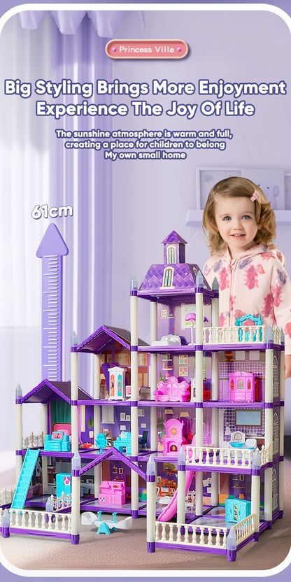 LED Dollhouse Playset for Girls, Purple Multi-Room Playhouse with Doll Figures, Puppies, Furniture & LED Lighting