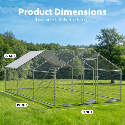 Dog Kennel Outdoor Large Metal Walk-in Chicken Run Pen Poultry Cage with Anti-UV Cover Movable Rack for Garden, Patio and Yard Use
