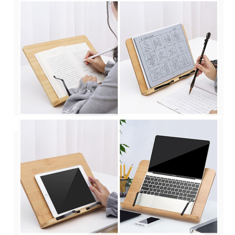Bamboo Book Stand Adjustable Foldable Portable Reading Stand with Page Clips for Cookbook Tablet E-Reader Textbook Sheet Music Desk Holder