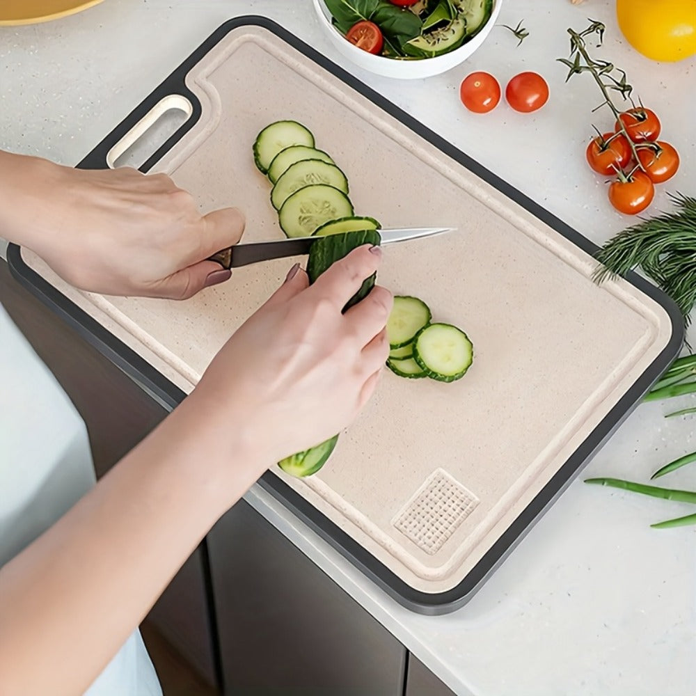 Double-Sided Cutting Board with Stainless-Steel and Wheat-Straw PP Faces, Handle and 16 x 11-Inch Size