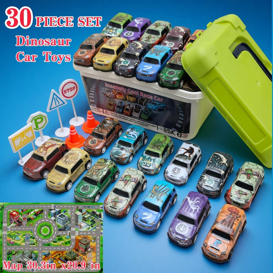 Dinosaur Toy Car Set 29-30pcs, Mini Pull Back Racing Cars with T-Rex Spinosaurus Pterodactyl Figures & City Traffic Map
