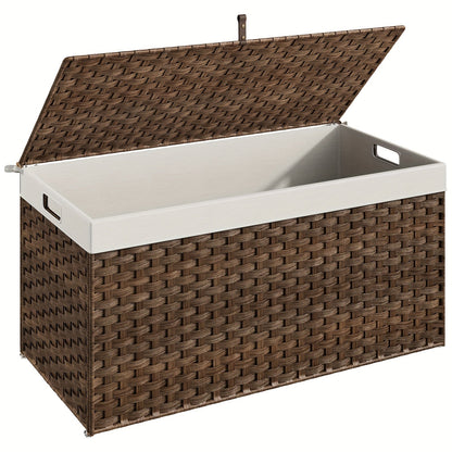 Large Wicker Storage Basket with Lid, Handles, Soft Lining, Metal Frame in a 220L Lidded Format