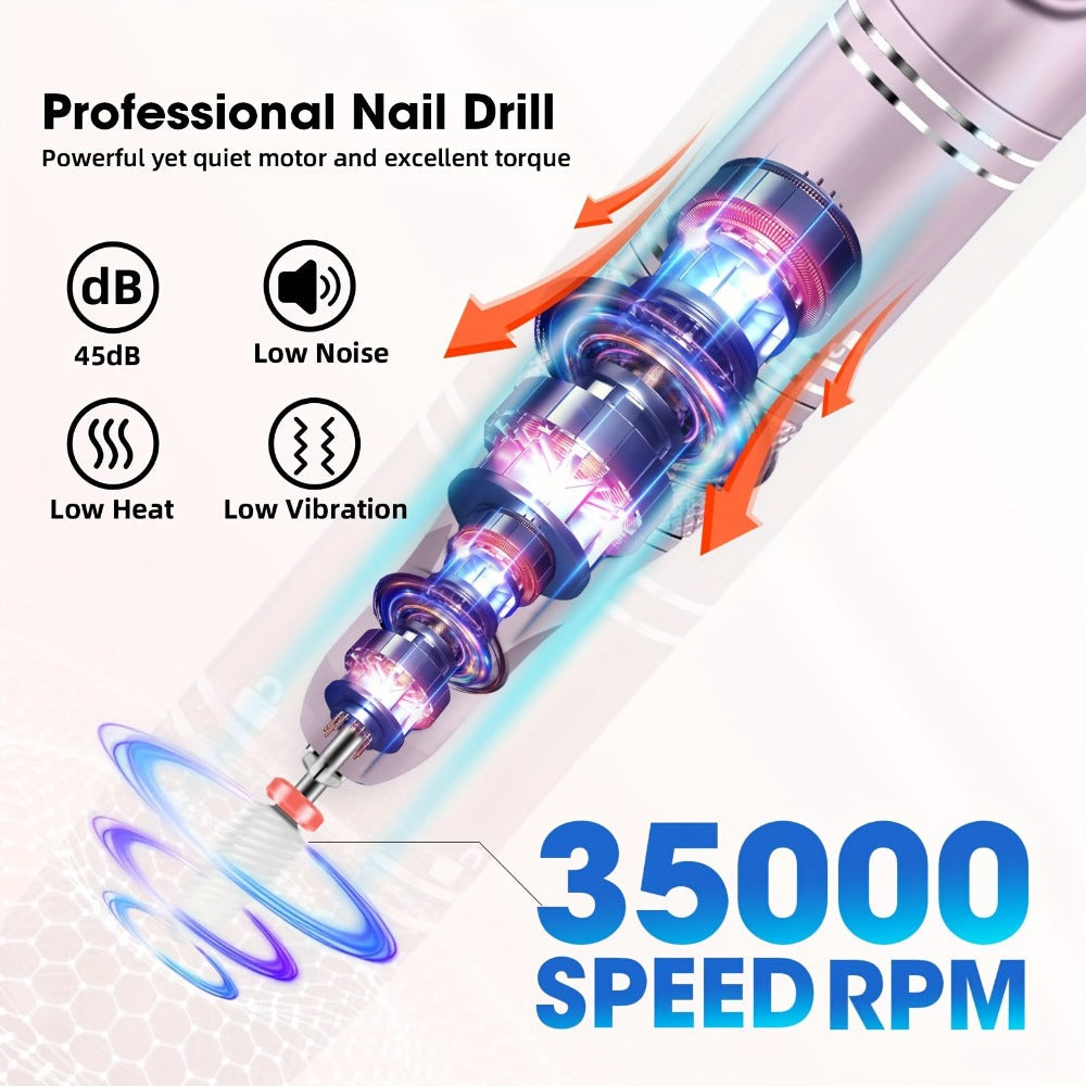 Cordless Nail Drill Kit 35000RPM Rechargeable Wireless Electric E-File, 108 Bits Professional Nail Drill