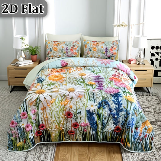 Colorful Floral Quilted Comforter Set with One or Two Pillowcases, Five Pattern Options and Twin to King Sizes