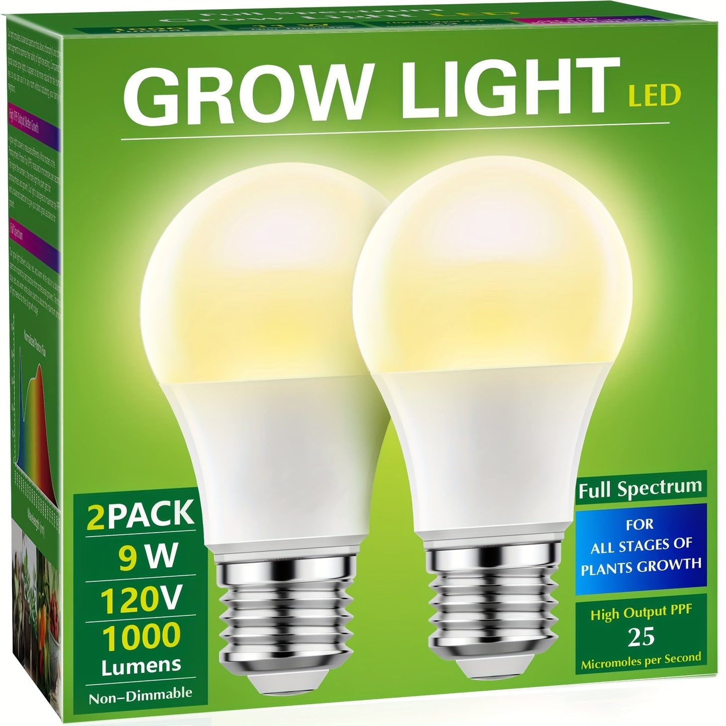 Grow Light Bulb A19 E26 Full Spectrum 9W 100W Equivalent | Natural White 4000K LED Plant Bulb for Indoor Plants Seed Starting | 2 4 6 12