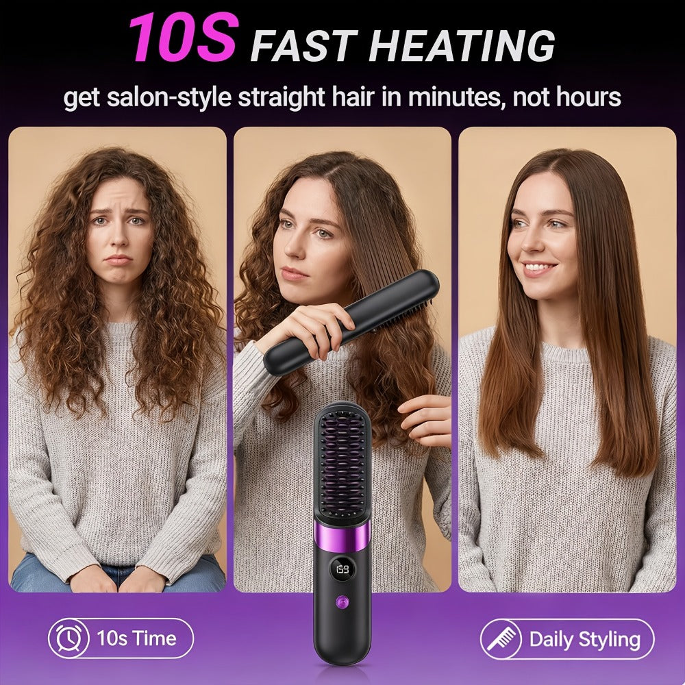 Ionic Hair Straightener Brush USB-C Rechargeable 3-in-1 Straightener Curler Styler, Adjustable Temperature