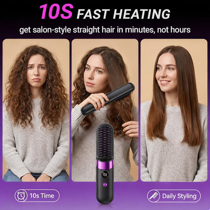 Ionic Hair Straightener Brush USB-C Rechargeable 3-in-1 Straightener Curler Styler, Adjustable Temperature