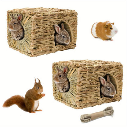 Small Animal Hideout House Folding Woven Straw Hut – Cozy Nest for Rabbit, Hamster, Guinea Pig, Hedgehog & Cat, Plastic Grass Woven
