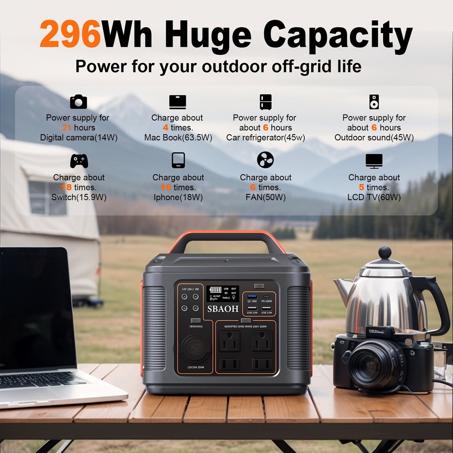Portable Power Station 300W 296Wh – 13 Outputs, AC/USB-C PD100W/QC3.0/DC, LED Flashlight, for Camping, Road Trips