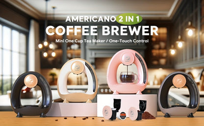Compact Single-Serve Coffee Maker for Pods, Grounds or Tea with 4-8oz Serving Label and Four Colors