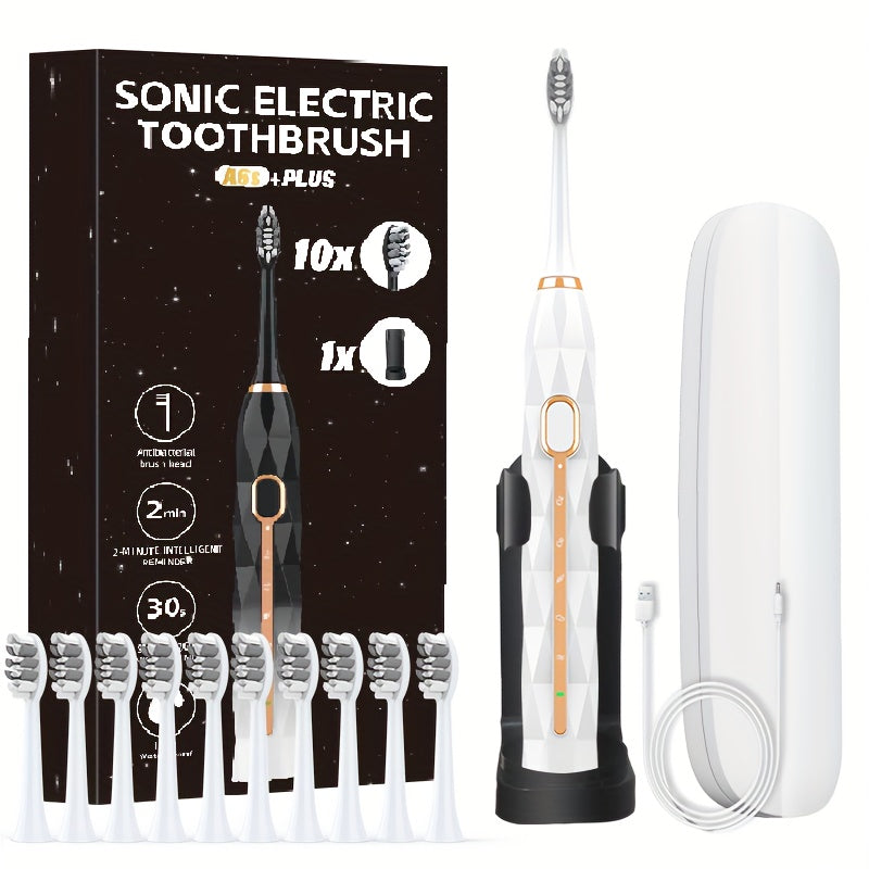 IPX8 Sonic Electric Toothbrush with 8 Replacement Brush Heads – Metal Shaft, USB Rechargeable 500mAh, Travel Case & Holder