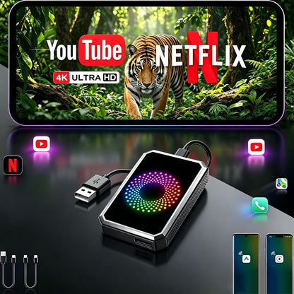 3-in-1 Wireless CarPlay Adapter Magic Media Box with Netflix YouTube TikTok Streaming & USB Port