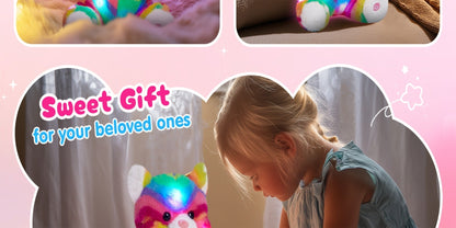 Plush Toy Rainbow Cat with Glowing Color Points and Music for Bright Interactive Display for Character Display, Room Decor and Gift