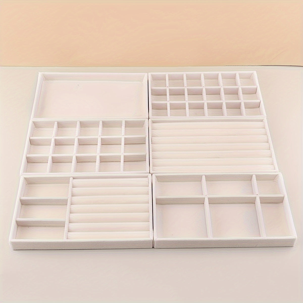 Stackable Jewelry Organizer Trays 6-Piece Set – Rectangular Multi-Compartment Drawer Inserts with Removable Dividers for Earrings, Rings