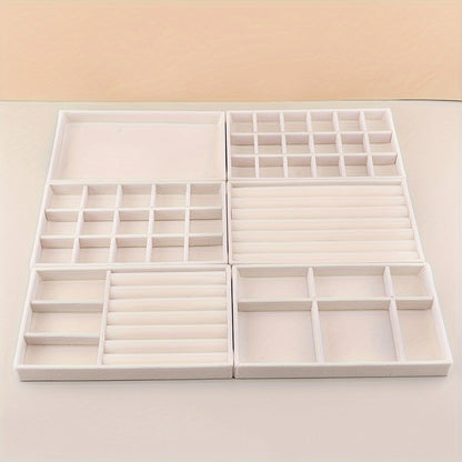 Stackable Jewelry Organizer Trays 6-Piece Set – Rectangular Multi-Compartment Drawer Inserts with Removable Dividers for Earrings, Rings