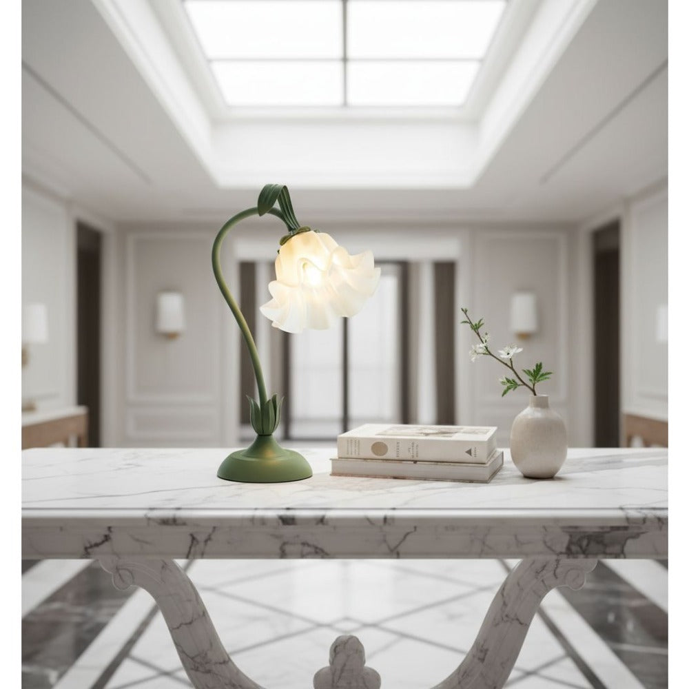 Table Lamp with Green Bellflower Stem, Floral Shade, Corded Power and Single Botanical Design