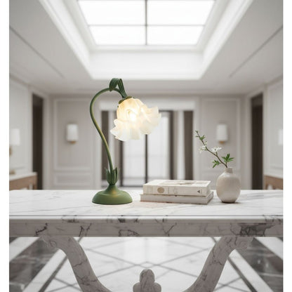 Table Lamp with Green Bellflower Stem, Floral Shade, Corded Power and Single Botanical Design
