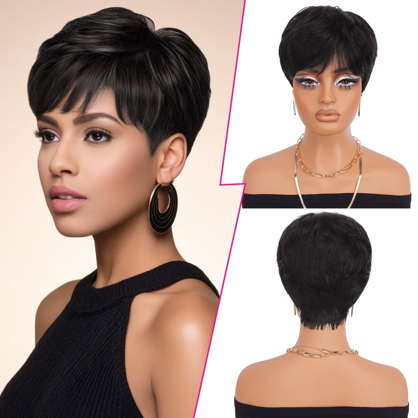 Short Fairy Pixie Human Hair Wig in 1B Black with 4-Inch Length and Full Machine-Made Cap Design