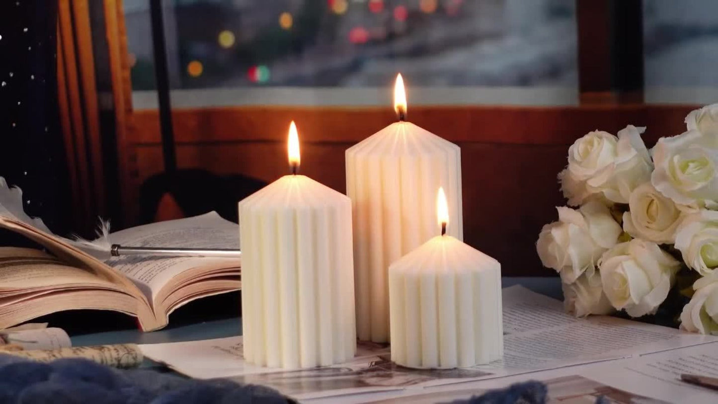 White Ribbed Soy Wax Pillar Candle Pair with Two Matched Sizes or One-of-Each Mixed-Size Option