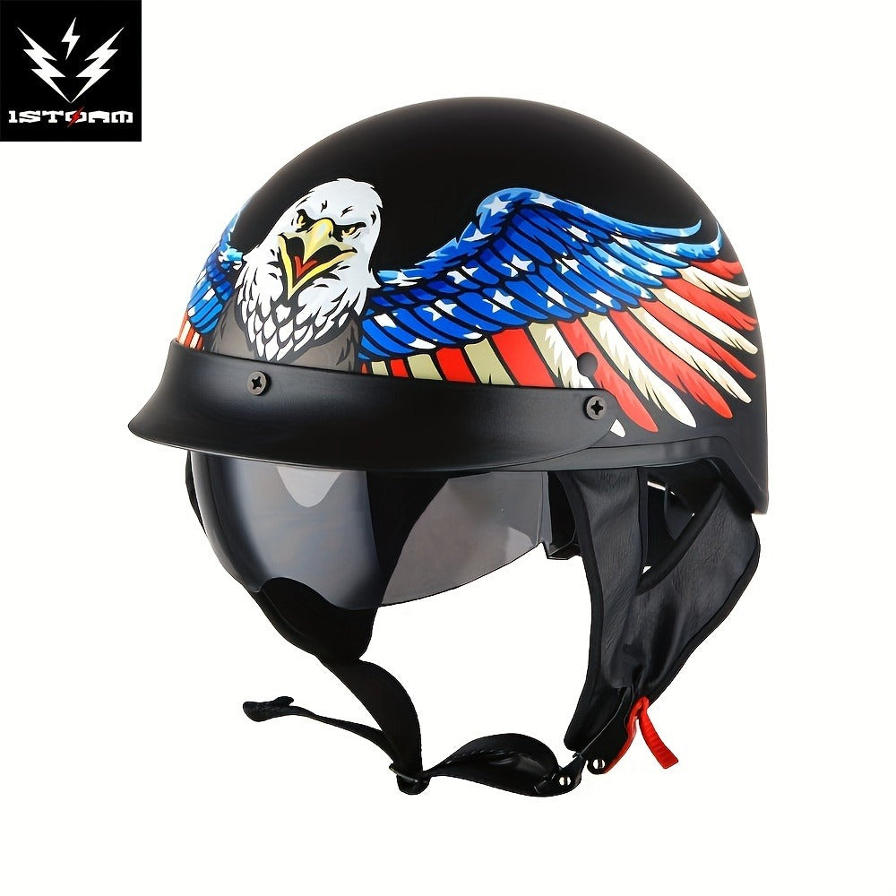 Motorcycle Helmet 1STORM Half-Shell with Retractable Smoked Visor, Five Graphic Styles, S-XL Sizes and Quick-Release Strap